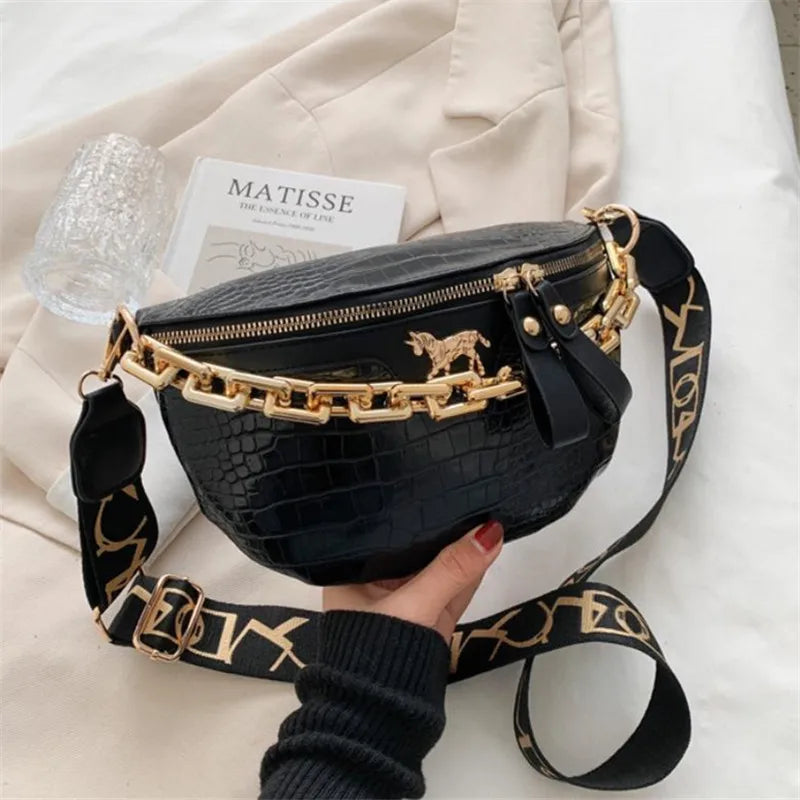 Crocodile Pattern PU Leather Crossbody Bag with Gold Chain Strap