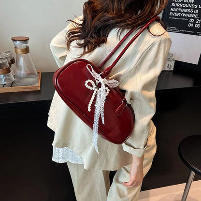 Patent Leather Shoulder Bag with Detachable Pearl Bow Lace Charm