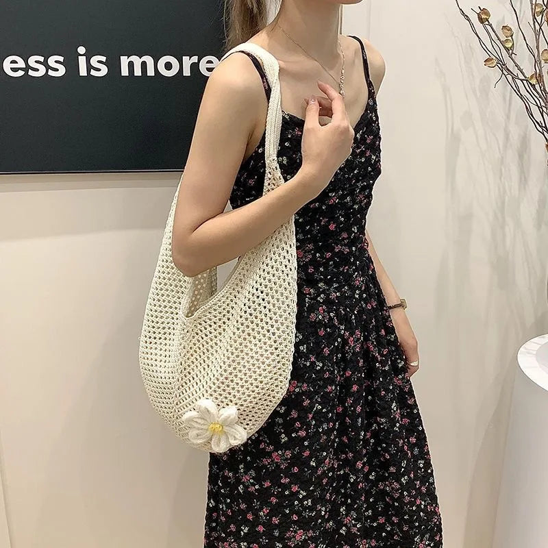 Summer Beach Tote Shoulder Bag Straw Weav Handbag Large Capacity Vacation Weaving Hollow Bags Women