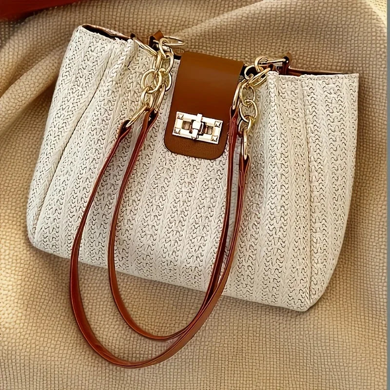 Straw Woven Tote Bag with Chain Leather Strap for Women