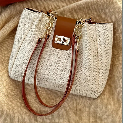 Straw Woven Tote Bag with Chain Leather Strap for Women