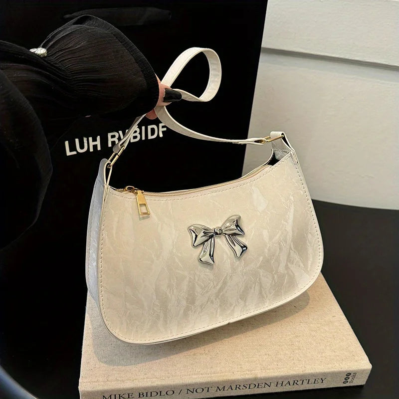 Bow Shoulder Bag – Women's Trendy Underarm Handbag with Metal Bow