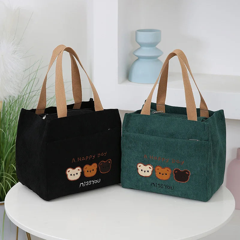Corduroy Embroidered Bear Tote Bag Stylish Cosmetic Storage Handbag