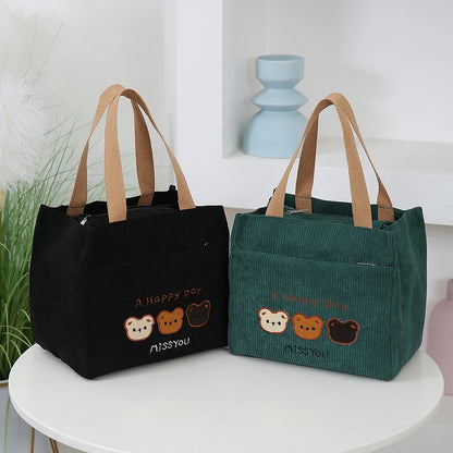 Corduroy Embroidered Bear Tote Bag Stylish Cosmetic Storage Handbag