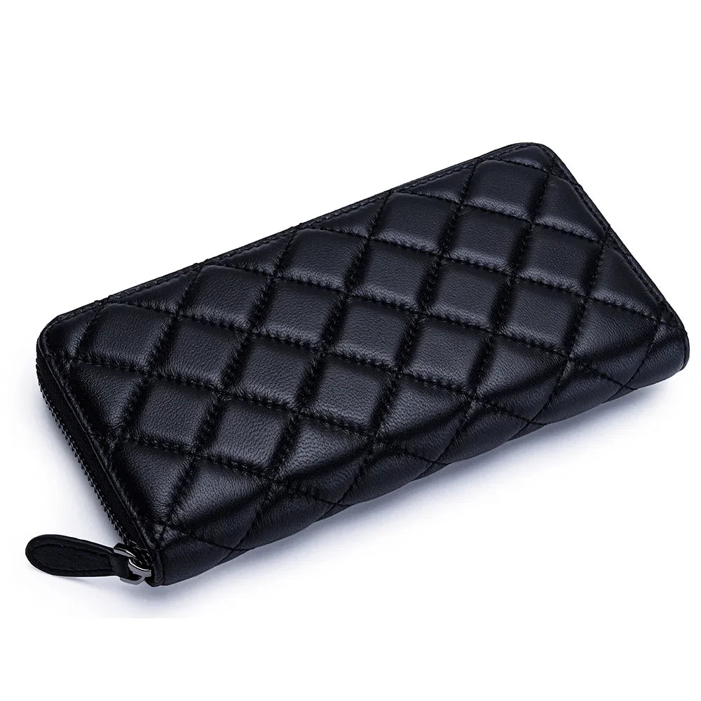 Leather Purse Women S Long Large Capacity Sheepskin Embroidered Diamond Check Zipper Wallet Mobile