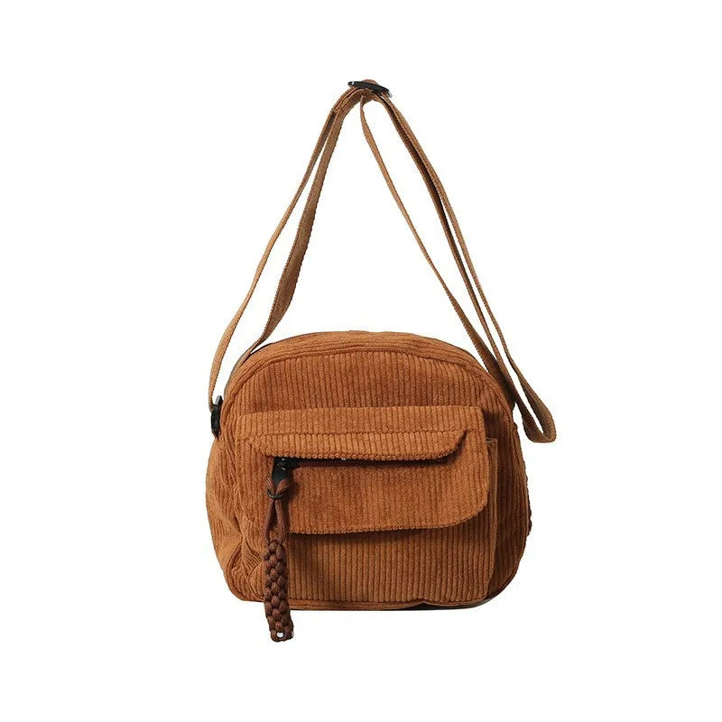 Homefish Corduroy Crossbody Bag Women Casual Style Zipper Closure Adjustable Strap Multi Pockets