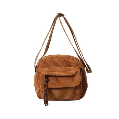 Homefish Corduroy Crossbody Bag Women Casual Style Zipper Closure Adjustable Strap Multi Pockets