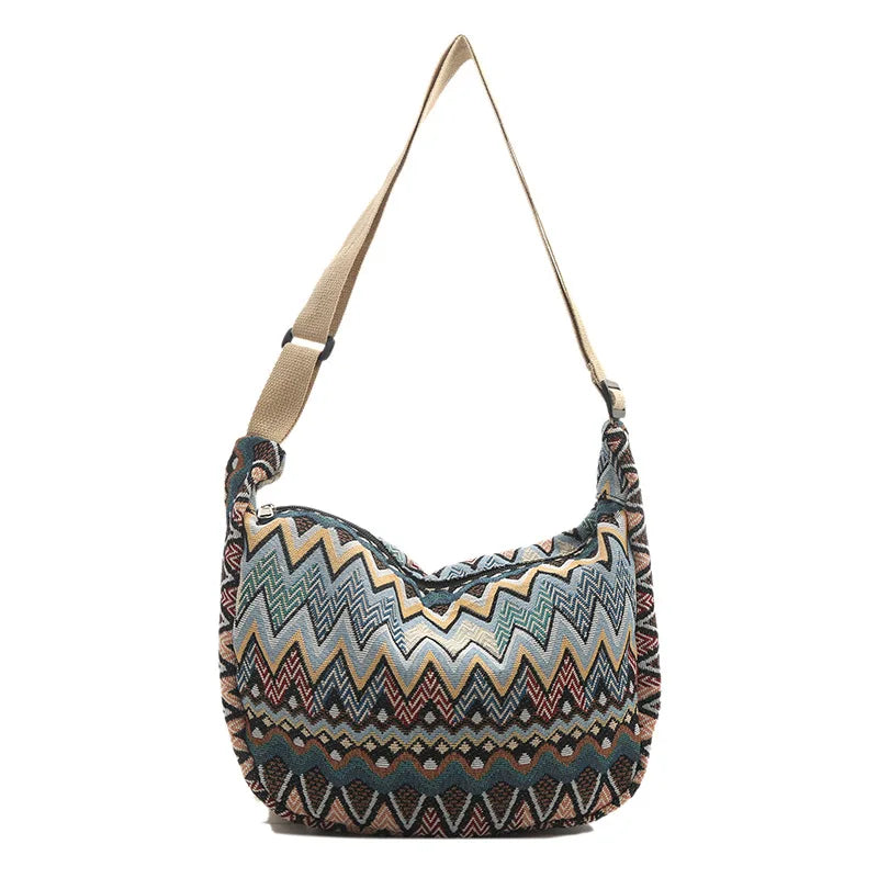 Boho Canvas Shoulder Bag – Adjustable Strap with Fur Ball Charm
