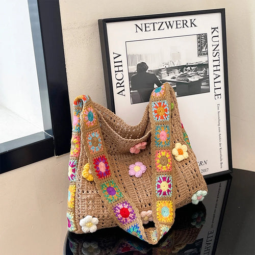Trendy Bohemian Crochet Bag Cute Floral Shoulder Lightweight Soft Fabric Woman Tote Summer Outdoors