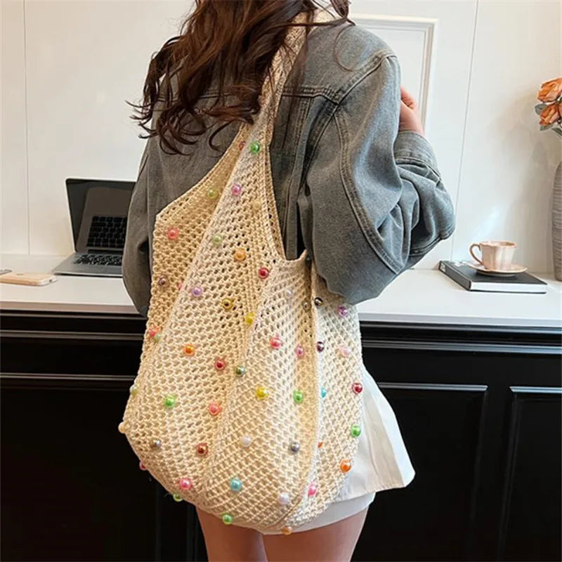Hollow-Out Woven Tote Bag with Colorful Beads