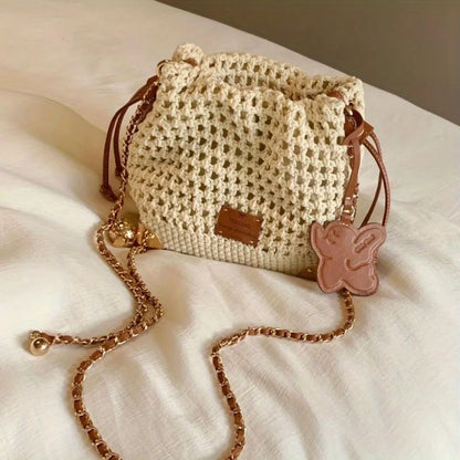 Knit Crochet Bucket Crossbody Bag with Gold Chain Strap & Charm