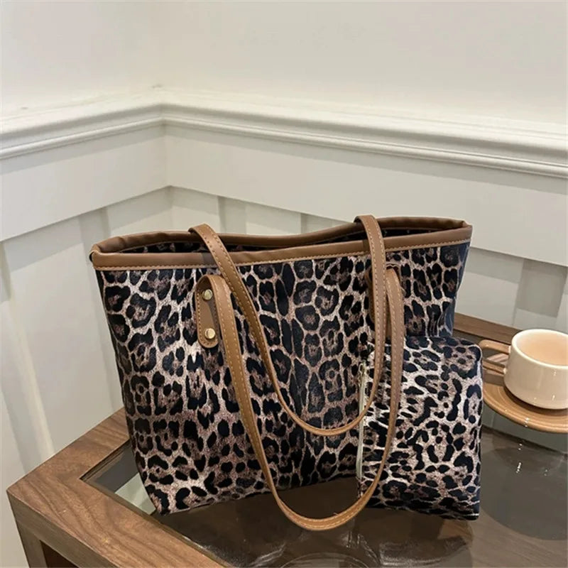 Leopard Tote Bag Pouch Stylish Synthetic Leather Handbag Shoulder Bag Large Capacity Shopping Bag