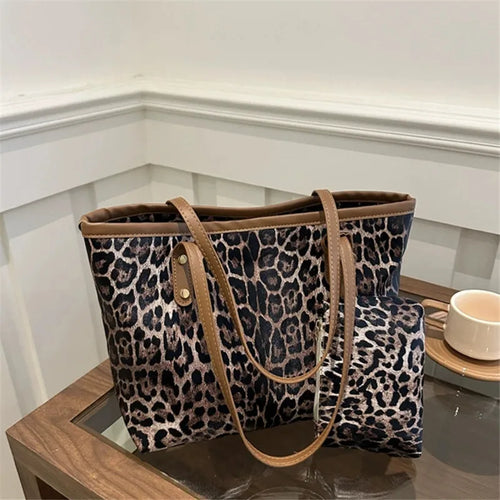 Leopard Tote Bag Pouch Stylish Synthetic Leather Handbag Shoulder Bag Large Capacity Shopping Bag