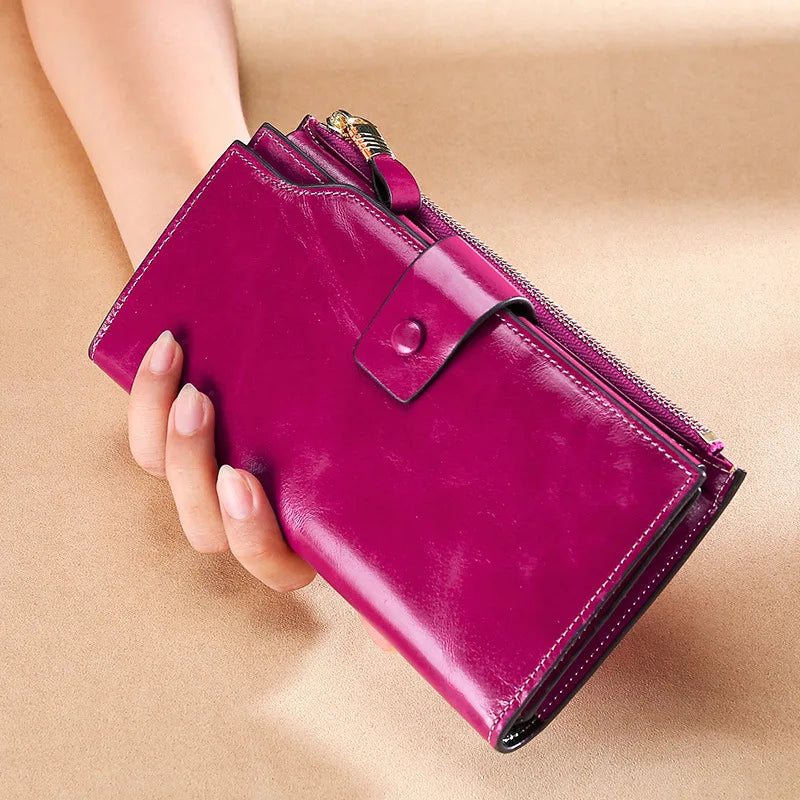 Genuine Leather Long Women S Wallet Rfid Anti-Theft Brush Multi-Slot Retro Oil Wax Hand-Held