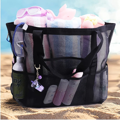 Large Mesh Beach Tote Bag – Sandproof with Multiple Pockets