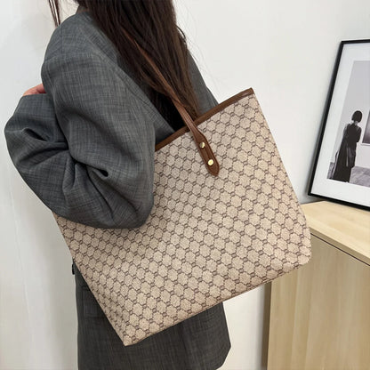 Luxury Vintage Women Shoulder Bag Monogram Print Rivet Pu Leather Tote Large Capacity Zipper Handbag