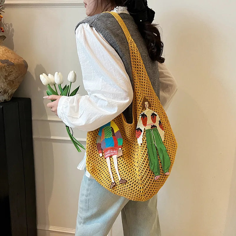 Hollow Mesh Knitted Shoulder Bag Beach Vacation Slouchy Chic Cartoon Tote Lightweight Laid-Back