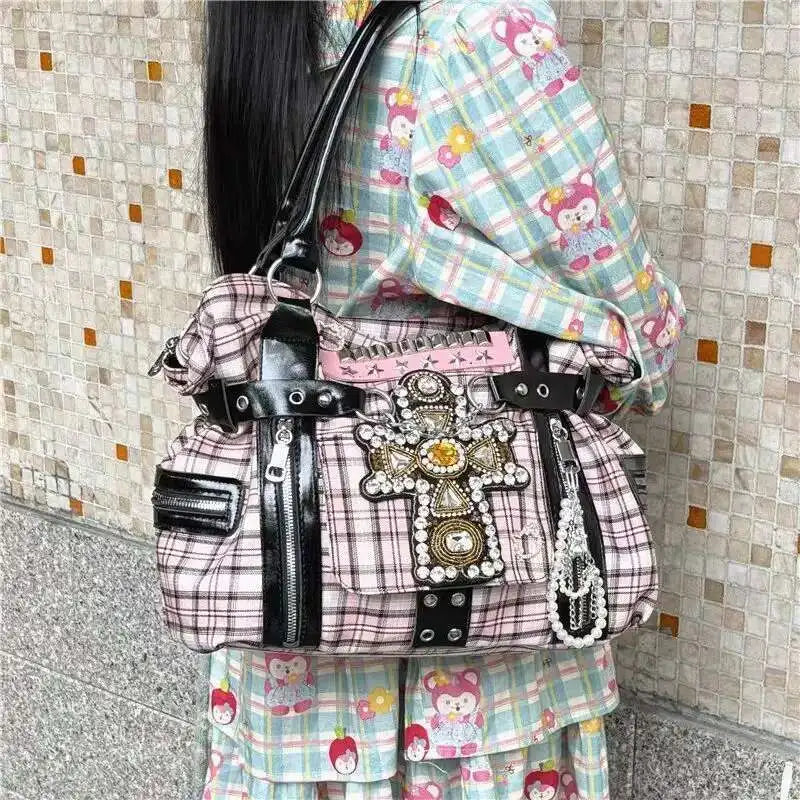 Plaid Canvas Shoulder Bag – Y2K Harajuku Large Handbag