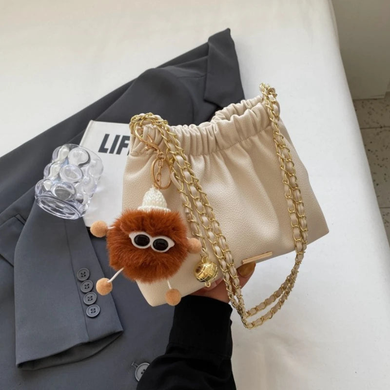 Ruched Woman Crossbody Bags Cute Fluffy Monster Bag Charm Two Tone Metal Chain Strap Faux Leather