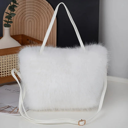 Faux Fur Handbag with Detachable Strap - Plush Tote Bag