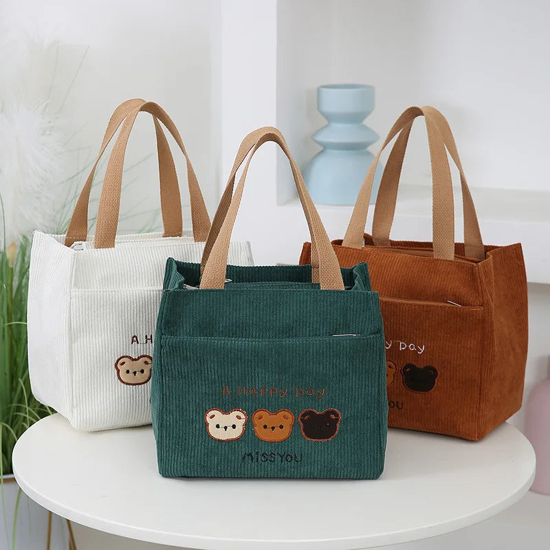 Corduroy Embroidered Bear Tote Bag Stylish Cosmetic Storage Handbag