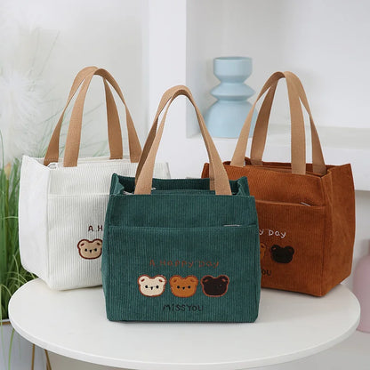 Corduroy Embroidered Bear Tote Bag Stylish Cosmetic Storage Handbag