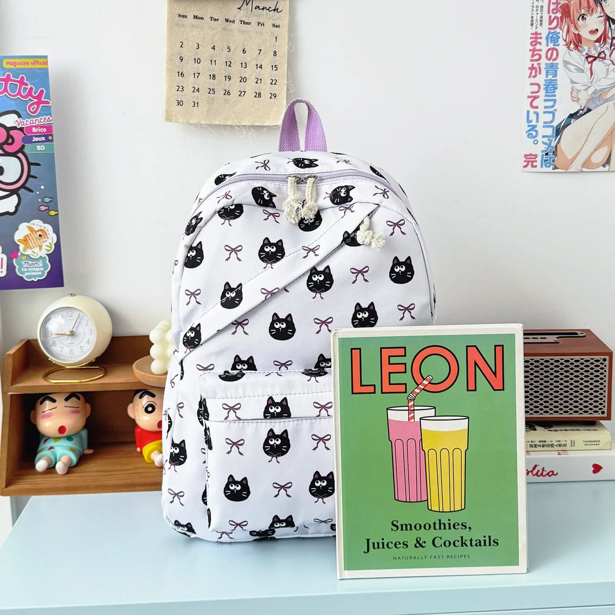 Fresh Age Reducing Cartoon Animal Bow Print Student Backpack Nylon Lightweight Large Capacity Casual