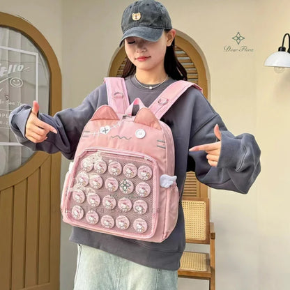 Kawaii Cat Ita Bag Backpack with Pin Display Pocket – Y2K Harajuku Style