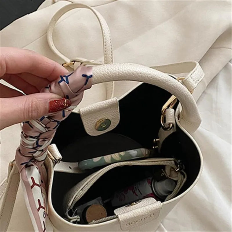 Elegant Bucket Handbag Shoulder Bag Silk Scarf Fashionable Faux Leather Tote Crossbody Bags Women S