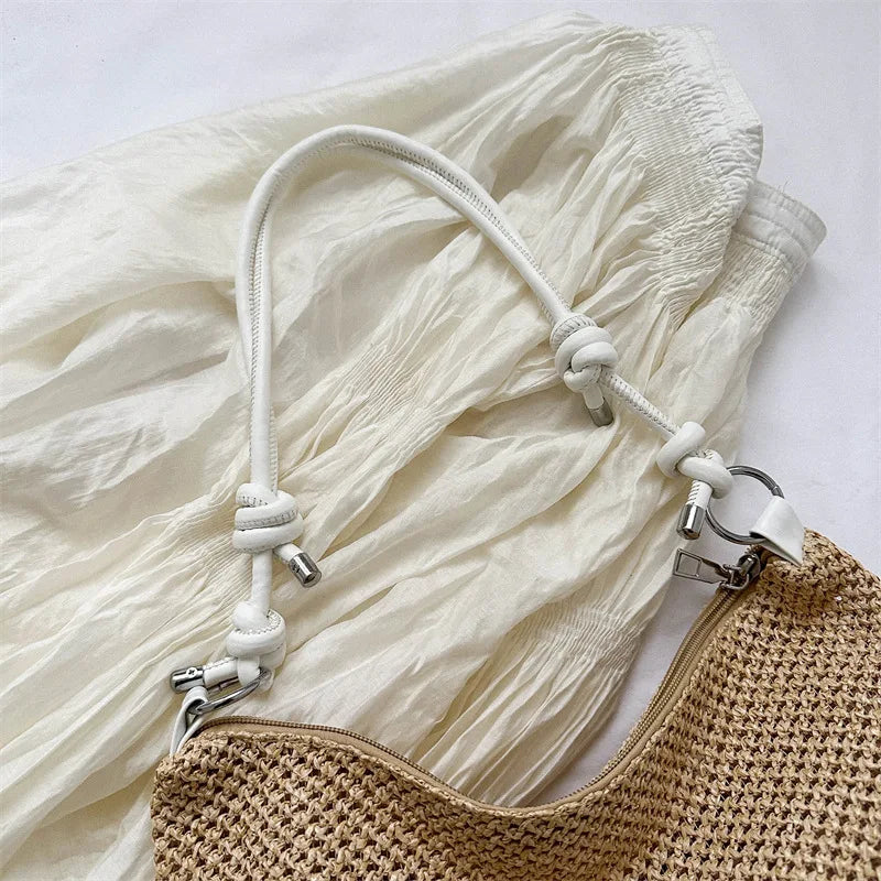 Straw Woven Shoulder Bag with Knotted Leather Handle