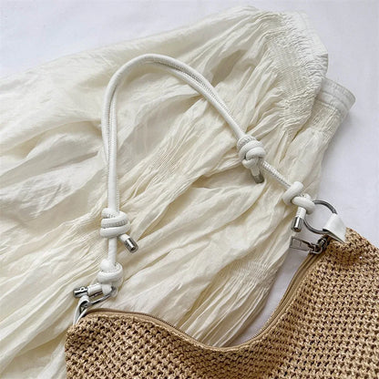 Straw Woven Shoulder Bag with Knotted Leather Handle