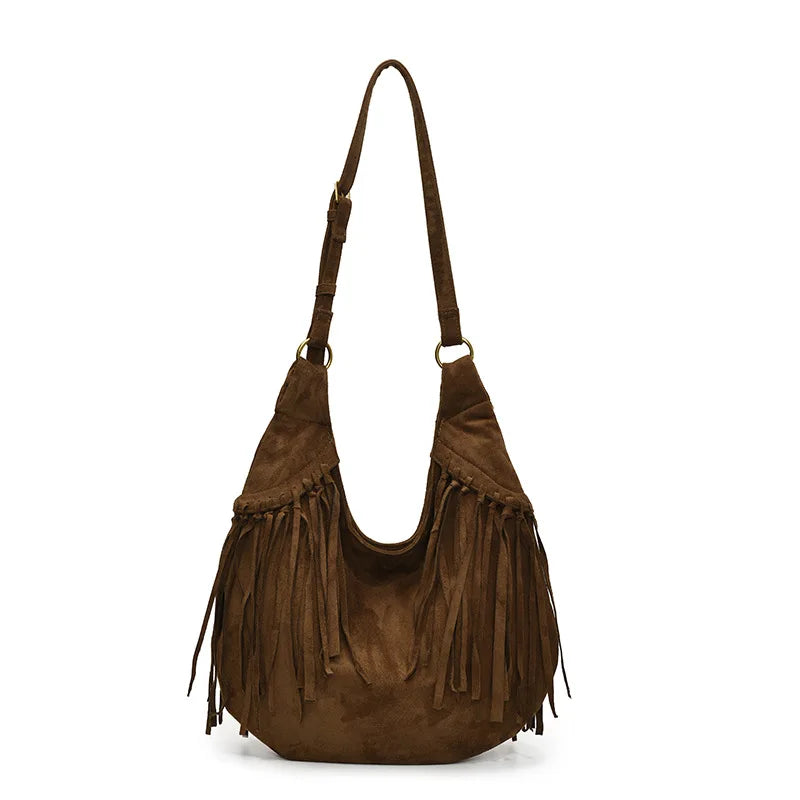 Vintage Suede Tassel Crossbody Bag – Large Capacity Shoulder Hobo Bag for Women