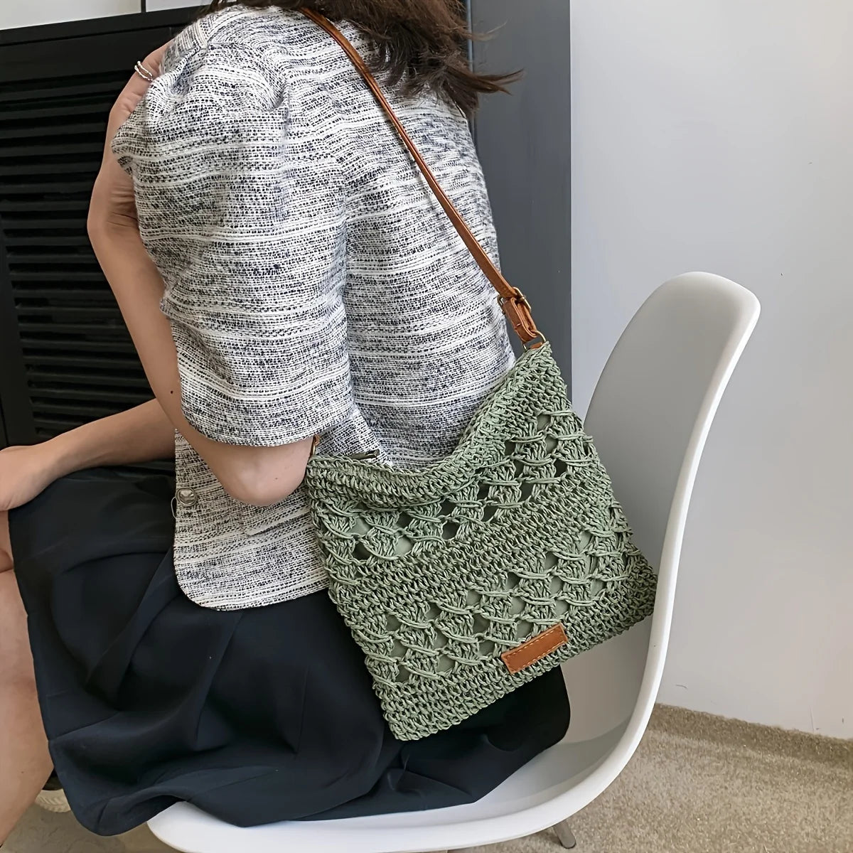 Handmade Paper Straw Crossbody Bag with Zipper & Leather Strap