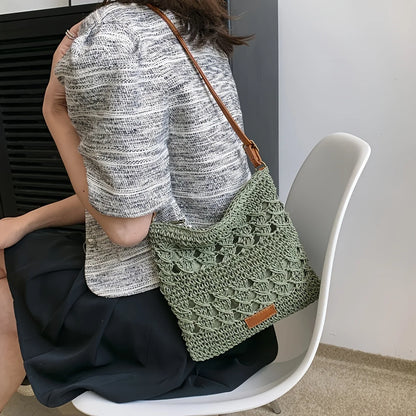 Handmade Paper Straw Crossbody Bag with Zipper & Leather Strap