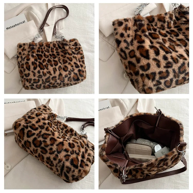 Leopard Print Plush Tote Bag – Soft Fuzzy Shoulder Handbag