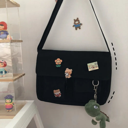 Cute Canvas Crossbody Bag for Women with Cartoon Badge Pins