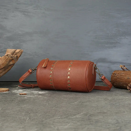 Genuine Rivet Cylinder Bag Vintage Vegetated Tanned Head Layer Cofskin One Shoulder Diagonal Span