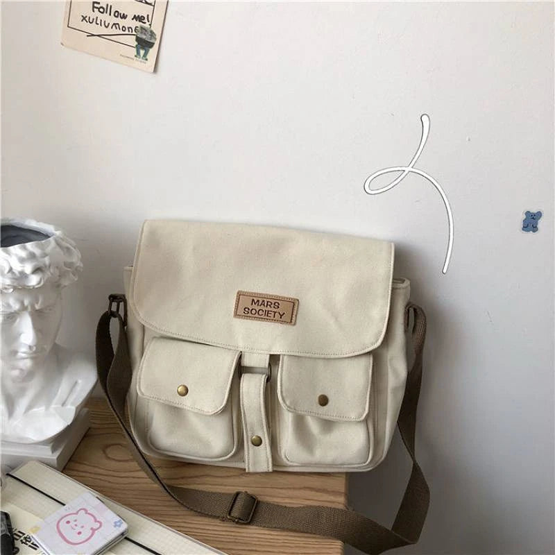 Canvas Crossbody Messenger Bag with Cute Bear Charm for Women