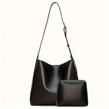 Women's Faux Leather Bucket Tote Bag with Pouch