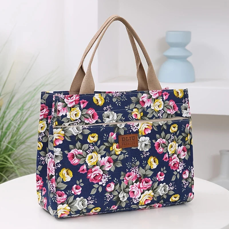 Floral Print Tote Bag Portable Canvas Lunch Bag Women S Casual Handbag Picnic Travel Designer Bags