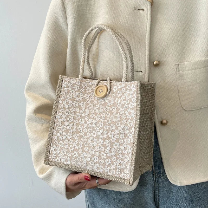Women's Canvas Tote Bag – Floral Minimalist Handbag with Button Closure
