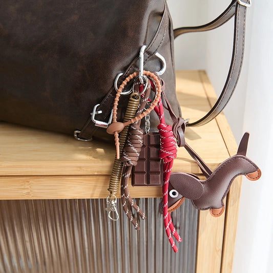 Y2K Woven Rope Bag Charm Keychain with Tassel & Leather Dog Pendant
