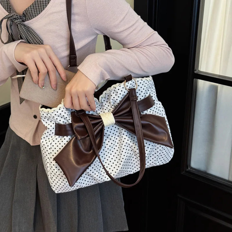 Polka Dot Tote Bag Big Leather Bow Lace Trim Large Capacity Shoulder Handbag