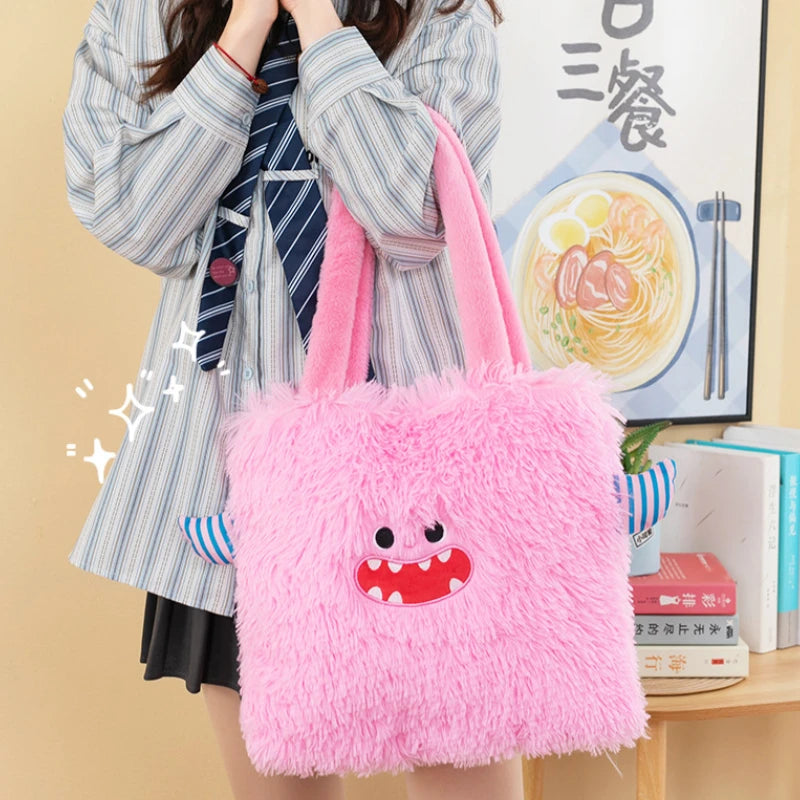 Cute Monster Cartoon Plush Shoulder Bag Students Large Capacity Handbag Girls