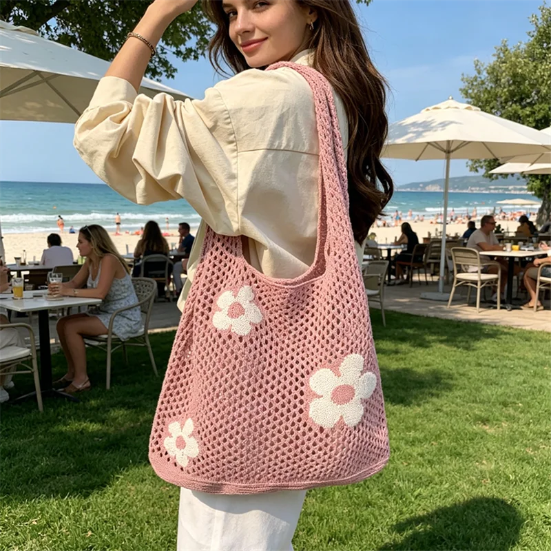 Crochet Flower Mesh Tote Bag - Summer Knitted Shoulder Handbag