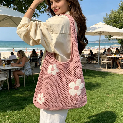 Crochet Flower Mesh Tote Bag - Summer Knitted Shoulder Handbag