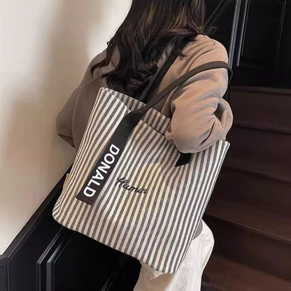 Striped Canvas Tote Bag – Large Capacity Women's Shoulder Shopper