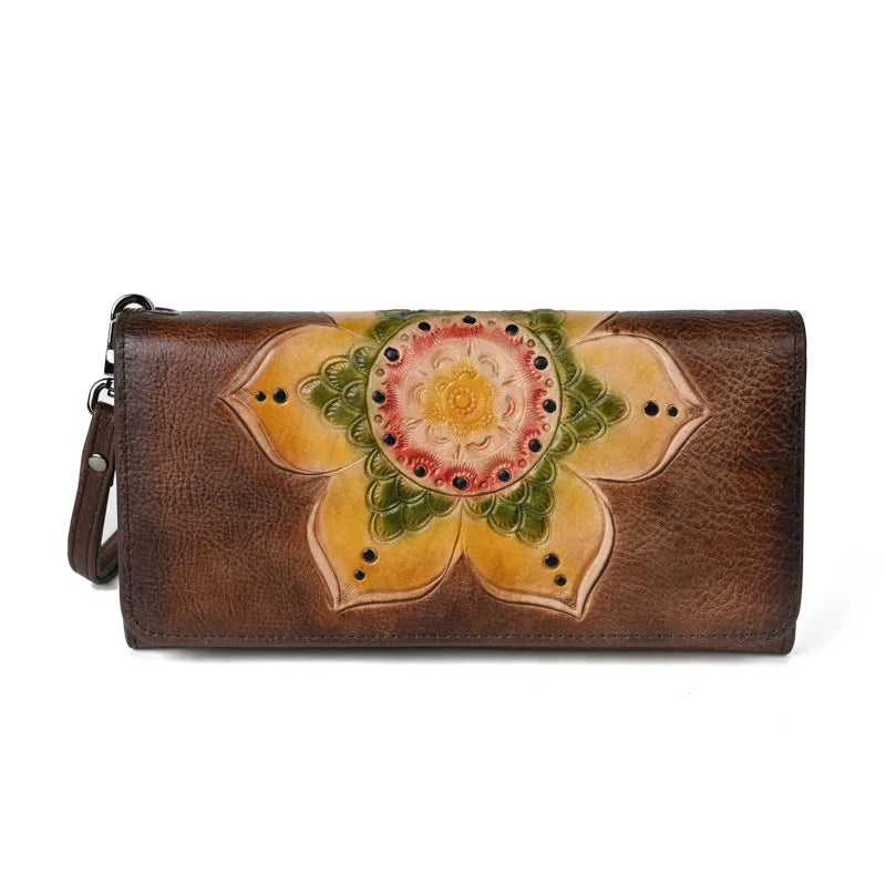 Retro Handcrafted Long Wallet Women Top Layer Cowhide