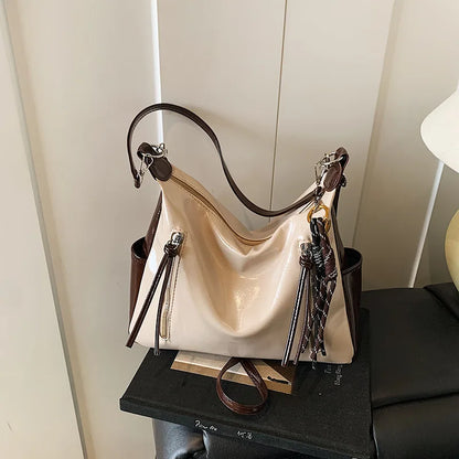 PU Leather Shoulder Bag with Side Pockets & Removable Charm