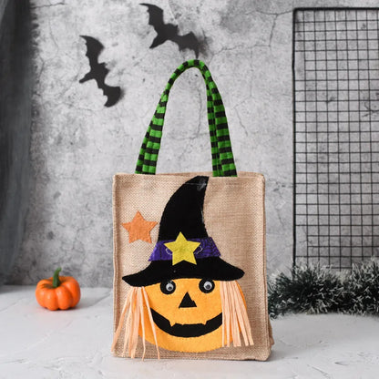 Halloween Linen Tote Bag – Trick or Treat Candy Bag with Fun Graphics